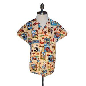 Size XS Comfy Cotton Womens Thanksgiving Scrub Top Pilgrims Native Americans